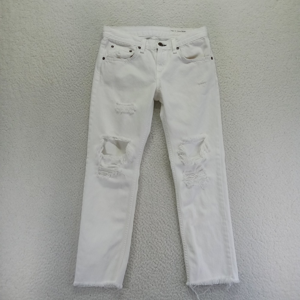 Rag Bone Jeans Women Sz 24 White Distressed Ripped Straight Leg Cropped Raw Hem